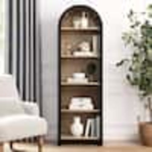 MODWAY Evie 71.5 in. Tall Black Oak MDF 5-Shelf Accent Bookcase with Adjustable Shelves EEI-7201-BLK-OAK