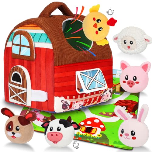 Avesa Baby Toys 6-12 Months - Soft Barn Toy with Stuffed Farm Animals, Rattle - Montessori Toys for Babies 6 Months Old Sensory Infant Toy Baby Gifts Easter Basket Stuffers