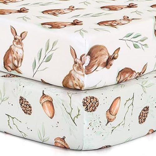 Pack n Play Sheets, BROLEX 2 Pack Mini Crib Sheets,Stretchy Portable Fitted Playard Sheet Set, Convertible Playard Mattress Cover,Ultra Soft Breathable Material,Bunny Nuts