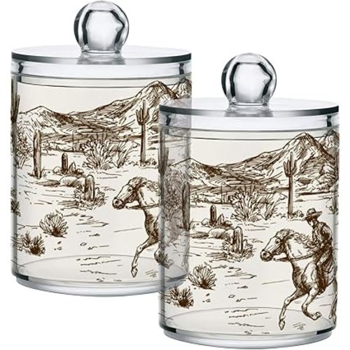 2 Pack Western Desert Cowboy Qtip Holder Dispenser for Cotton Ball, Cotton Swab - Plastic Apothecary Jar Set for Bathroom Canister Storage Organization