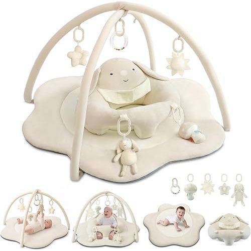 3-in-1 Baby Play Mat & Baby Seats for Infants for Sitting Up, Tummy Time Gym Activity Mat with 5 Detachable Toys, for Babies 0-6-12-18 Months, Newborn Babies Shower Gifts(Beige)