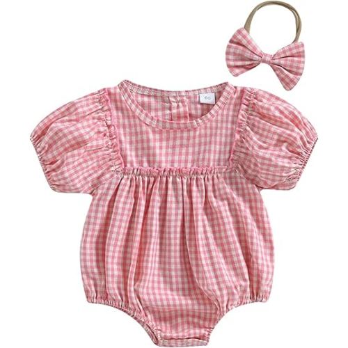 Douhoow Infant Baby Girl Plaid Romper Baby Sweatshirt Romper Ruffle Festival Clothes Fall Winter Outfits with Headband