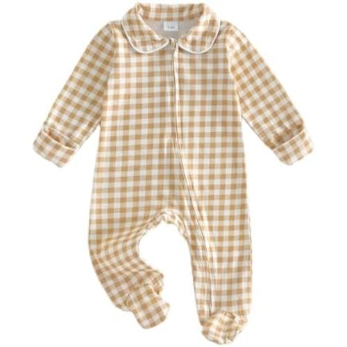 Newborn Baby Boy Girl Gingham Footed Romper Plaid Print Peter Pan Collar Long Sleeve Jumpsuit Coming Home Outfit