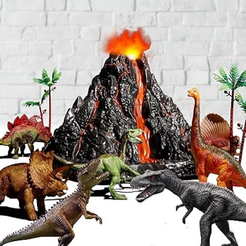 Large Volcano Set with 9 Realistic Dinosaur Action Figures for Kids 2 3 4 5 6 8 10 Years, Simulated Volcanic Eruptions w/Sounds, Volcano Can Store Dinos, Gift for Toddlers Boys & Girls