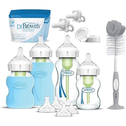 Dr. Brown's Anti-Colic Options+ Wide-Neck Glass Baby Bottle Starter Set - Silicone Bottle Sleeves, Level 1, 2, 3 Nipples, HappyPacis, Storage Caps, Bottle Brush (Packaging May Vary)
