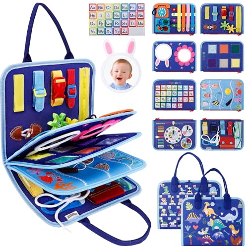 JHkim Busy Board Montessori Toys for Boys Girls Gifts, Sensory Toy, Educational Activities Travel Toy for Airplane Car, Busy Book for Learning Fine Motor Skills, Blue