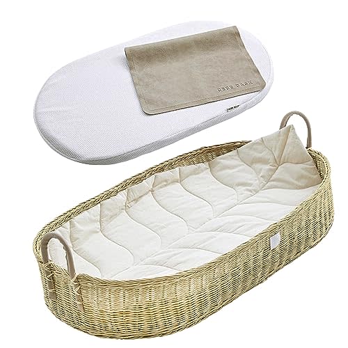 BEBE BASK Premium Baby Changing Basket - Artisan-Crafted Rattan with Extra High Sides - Wicker Changing Basket for Baby Dresser - All Accessories Included - Complete Set for Nursery (Rattan)