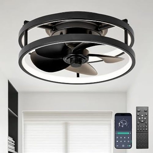 13" Small Low Profile Ceiling Fan with Light, Remote,Black