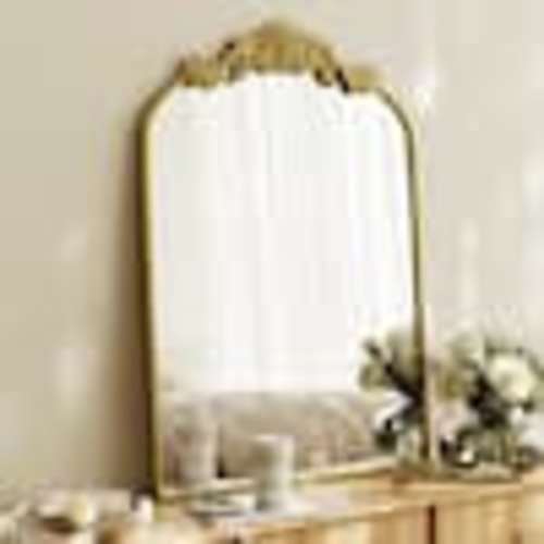 XRAMFY Vintage Gold 24 in. W x 36 in. H Arched Aluminum Alloy Framed with Carved Decoration Vanity Wall Mirror WM2438ACFGD604
