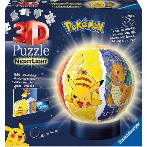 Ravensburger 3D Puzzle 11547 - Night Light Puzzle Ball Pokémon - 72 Pieces - for Pokémon Fans from 6 Years, LED Bedside Lamp with Clapping Mechanism