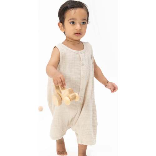 Solid Muslin French Oak, Sleeveless Shortie Romper - Angel Dear Rompers | Maisonette