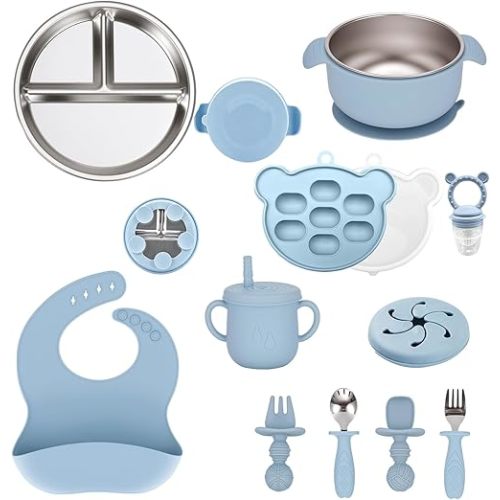 Baby Plates and Bowls Set with Removable Silicone Suction Easy Clean Stainless Steel Baby Feeding Set with Toddler Stainless Steel Kids Spoon Fork and Silicone Cup Bib Toddler Cutlery(Green