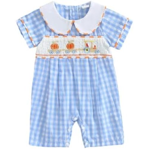 Baby Boy Smocked Pumpkin Romper Short Sleeve Embroidery Truck Babydoll Collar Gingham Jumpsuit Halloween Clothes