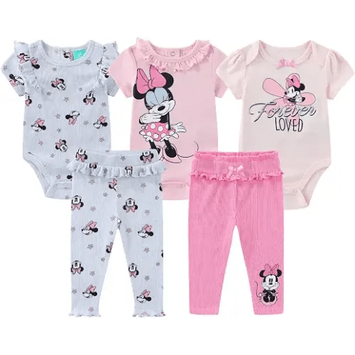 Disney Minnie Mouse Baby Girls Bodysuit and Pants 5 Pc Set for Infants