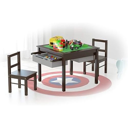 UTEX Wooden 2 in 1 Kids Construction Play Table and 2 Chairs Set with Storage Drawers, and Built in Plate Compatible with Lego and Duplo Bricks (Espresso with Grey Drawer)