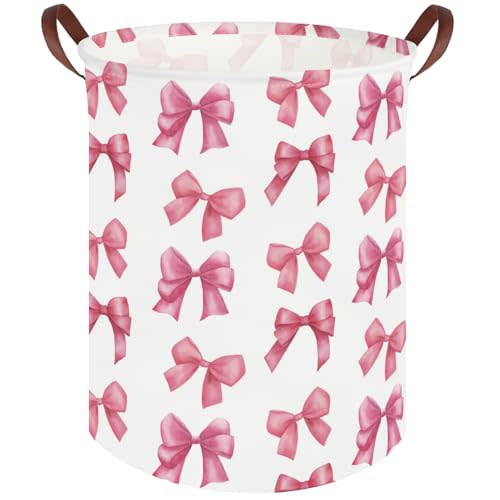 Bow laundry basket for girls,Nursery Hamper,Pink Laundry Hamper,Waterproof collapsible canvas laundry basket for girls,Pink Girls Laundry Basket,Living Room Decor(Bowknot)