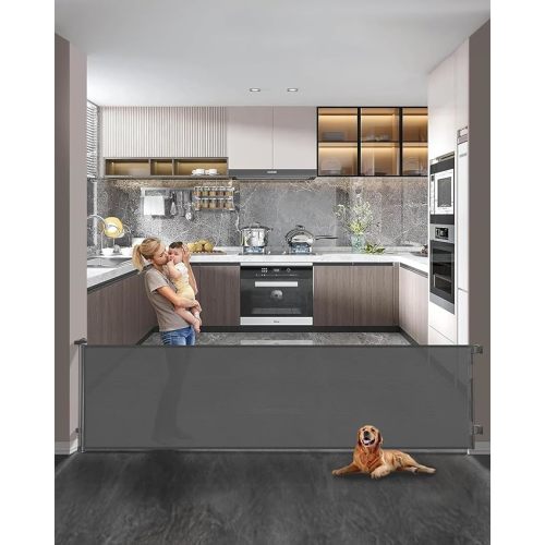 Retractable Baby Gate,Mesh Baby Extra Wide Gate,Extra Long Dog Gate,33" Tall,Large Extends up to 118" Wide,Child Safety Extra Large Gate for Doorways, Stairs, Indoor/Outdoor（Grey,33"x118"）