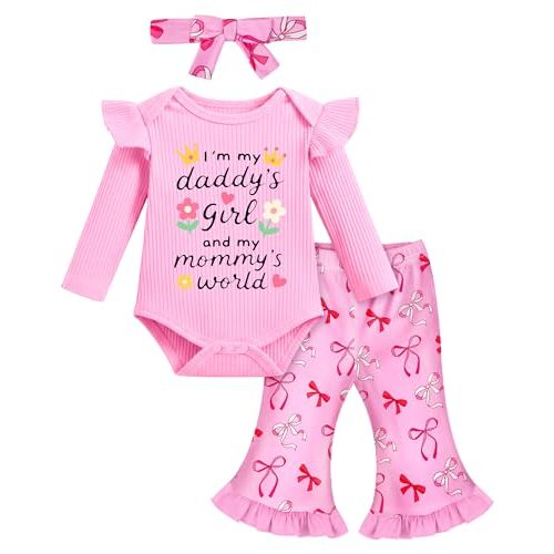 Lattlefnki Newborn Baby Girl Bell Bottoms Outfits Infant Baby Girl Clothes Sets Ruffle Romper + Cute Floral Pant + Headband