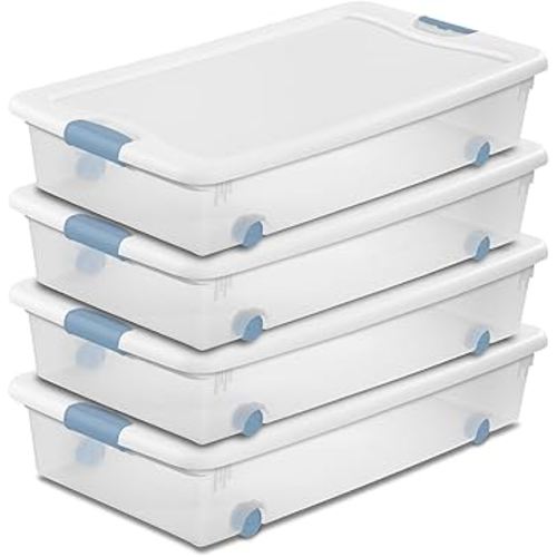 Sterilite 4-Pack 56 Quart Wheeled Latching Box, Underbed Clear Plastic Storage Organizer - Under Bed Rolling Container Bin with Lid and Wheels for Home or Dorm Bedrooms and Closets