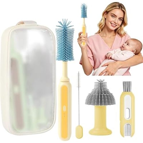 Electric Baby Bottle Brush Cleaner, 5-in-1 Travel Kit with Storage Bag, Food-Grade Silicone, Long Battery Life, Portable Baby Bottle Cleaner Brush Set, Ideal Gift for Parents & Babies (Yellow)