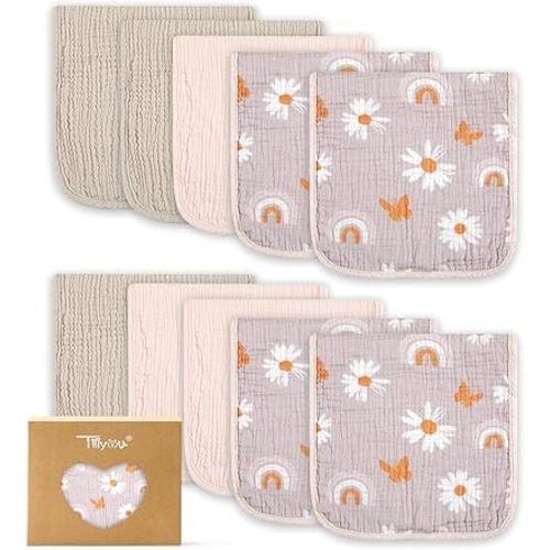 TILLYOU Muslin Burp Cloths Baby Boy Girl 20" x 10", 6-Layer Absorbent 100% Cotton Burping Cloths Large Soft, 10 Pack(Pink Butterfly)