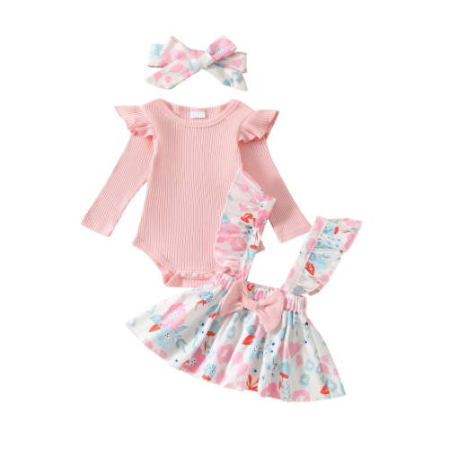 aby Girl Clothes Long Sleeve Romper and Overall Skirt Set Infant Girls Outfit Sets with Headband, 0-18M