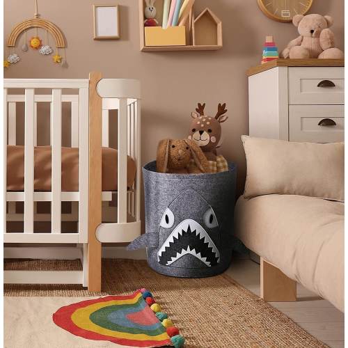 Gray Shark Felt Kids Storage and Laundry Basket 13.78&quot; x 14.57&quot;, Toy/Book Storage Basket, Nursery Hamper, Blanket/Towel Holder