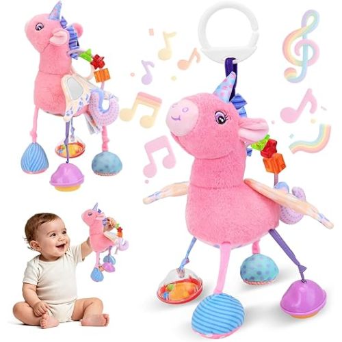 Car Seat & Stroller Toy for Girl - Musical Sensory Plush with Rattle & Mirror Baby Toys 0-12 Months Hanging Travel Carseat Toys Soft Squeaky Stuffed Animal Unicorn for Babies Gifts