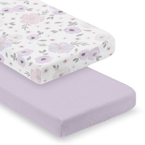 Sweet Jojo Designs Baby Girl Fitted 100% Cotton Muslin Crib Sheets Set Watercolor Floral Purple Pink and Grey 2pc