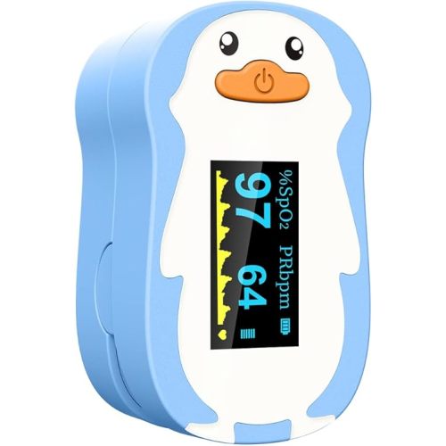 Vibeat Pulse Oximeter Fingertip, Oxygen Saturation Meter with Compact & Portable Model Blue, Cute Penguin Design O2 Monitor with Smart Reminder and OLED Display, Batteries & Lanyard Included