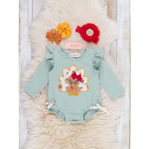 Baby Turkey Embroidered Bow Bubble Romper