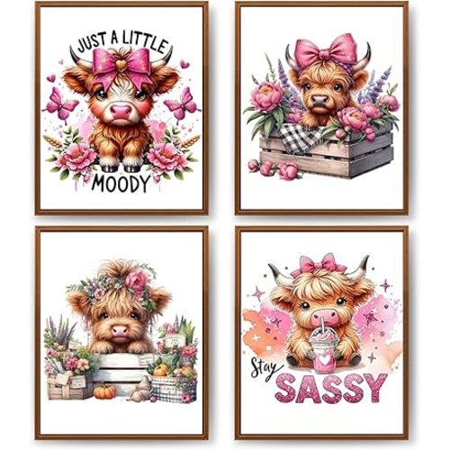 Qykwz Coquette Pink Bow Highland Cow Wall Art Prints, Farmhouse Floral Cute Baby Cow Heifer Posters Pictures Wall Decor for Girls Bedroom Room Nursery, 8x10 Unframed Set of 4