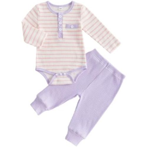 MA&BABY Newborn Baby Girl Clothes Rib Frill Striped Romper Solid Pant Set