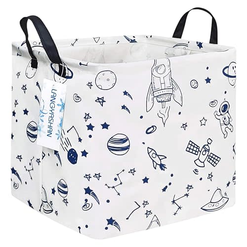 LANGYASHAN Square Storage Baskets Waterproof Canvas Children Laundry Nursery Hamper for Shelves Gift Baskets Toy Organizer Room Decor (Square spaceship)