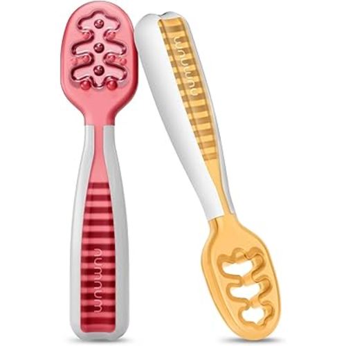 NumNum Baby Spoons Set, Baby Essentials Pre-Spoon GOOtensils for 6+ Months, First Stage Self-Feeding Spoons for Baby Led Weaning (BLW), Silicone Toddler Utensils, BPA-Free, 2 Pack Red/Orange
