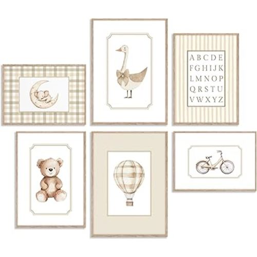 6Pcs Vintage Nursery Canvas Wall Art Funny Cute Animals Posters Print Artwork Neutral Kids Room Painting Pictures Wall Decor for Children Playroom Bedroom Home Decoration 8x10in Unframed