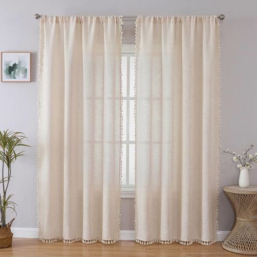 Joydeco Linen Boho Curtains 84 Inch Length 2 Panels, Super Soft Bohemian Farmhouse Curtains with Tassels, Semi Sheer Light Filtering Drapes for Bedroom Living Room (Rod Pocket, 52Wx84L)