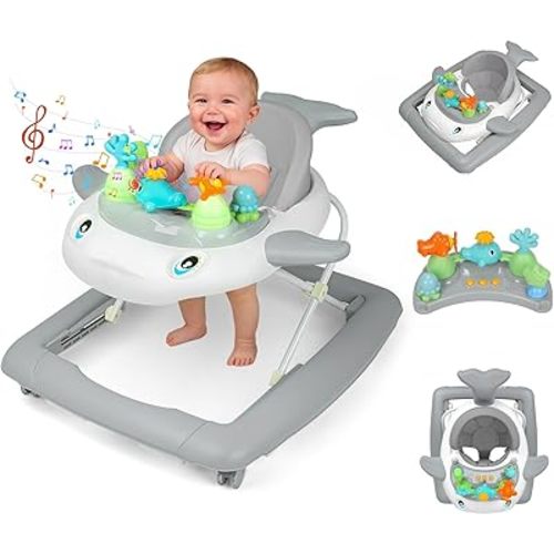 Baby Walker with Wheels, Music and Lights Foldable Baby Walker, 3 Adjustable Heights, Activity Walker for Baby Boy and Girl 6-18 Months, Gray