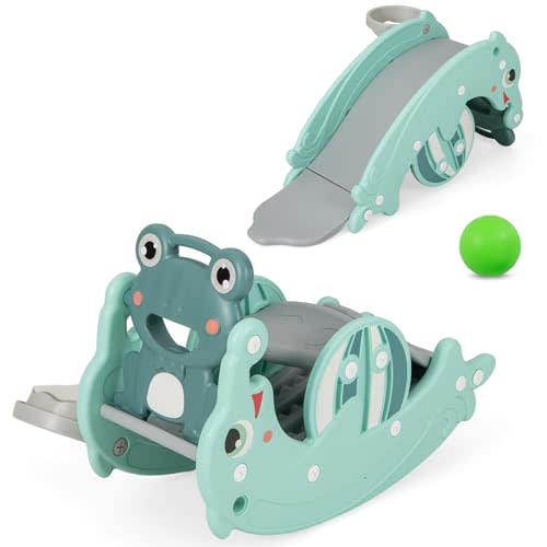 Costzon 4 in 1 Toddler Slide Rocking Toy, Slide for Kids with Basketball Hoop, Rocking Horse, Climber Playground for Both Indoors Outdoor Use (Green Frog)