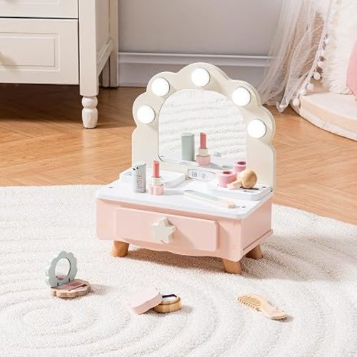 ROBOTIME Toddler Vanity Makeup Table Toy with Mirror & Light, Wooden Kids Makeup Vanity Set, Dressing Table with Accessories and Lights, Pretend Makeup Set for Little Girls