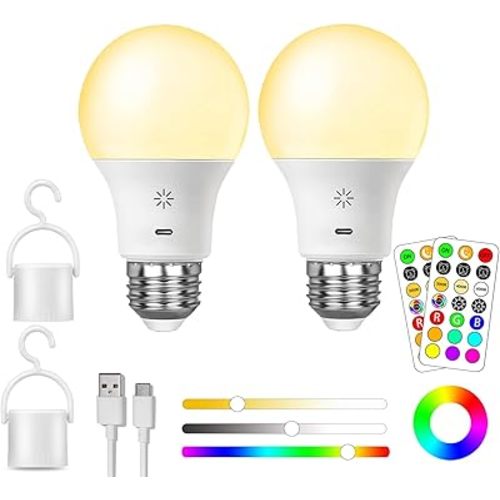LED Rechargeable Light Bulbs With Remote & Touch Dimmable, E26 Battery Operated Light Bulb for Lamps, RGB 12 Colors, 2600mAh USB battery backup Light Bulb With Timer, A19 Small Light Bulbs 2 Pack