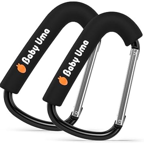 Baby Uma XL Stroller Hooks for Bags (2 Pack) - Universal Stroller Clips and Hooks with Foam Handle, 11 lb Weight Capacity per Carabiner, Adjustable & Non-Slip, Baby Travel Essential
