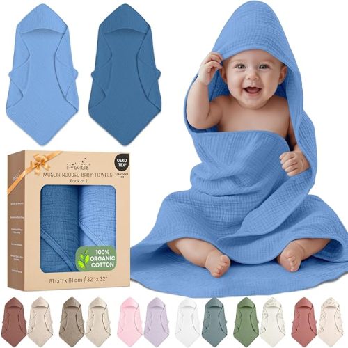 100% Organic Cotton 2 PK Muslin Baby Hooded Bath Towel 32x32 in