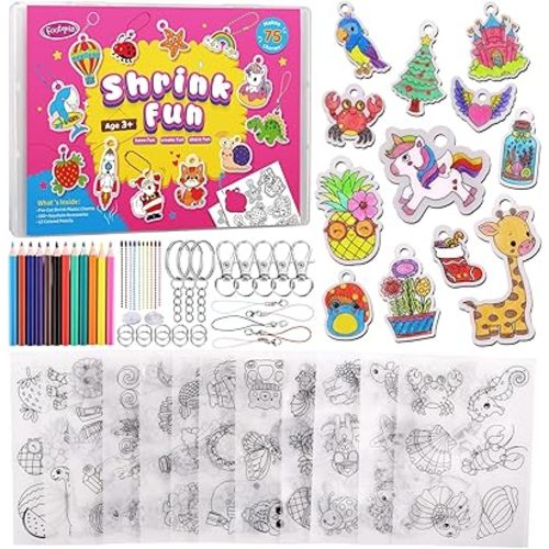 Funtopia Shrinking Art Sheets Kits for Kids, 75 Pre-Cut Shrink Paper Craft Keychain Making Kit, 12 Themes DIY Shrink Art Plastic Sheets with Charms and Keychains Accessories