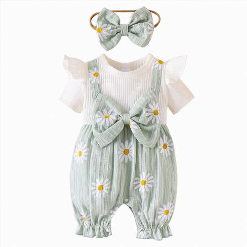 CAICJ98 Newborn Baby Girl Summer Clothes Ruffle Short Sleeve Bow Jumpsuit Corduroy Floral Romper+Headband Cute Spring One Piece Outfit (Green,3-6 Months)