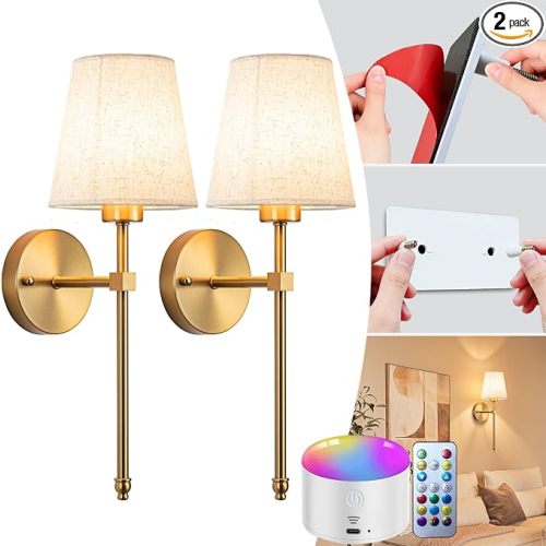 Battery Operated Wall Sconce Set Of Two with Remote Control, Indoor Not Hardwired Dimmable Battery Operated Wall Sconce Light Fixture with Fabric Linen Shade For Bedroom Living Room, Bulb Included ( C