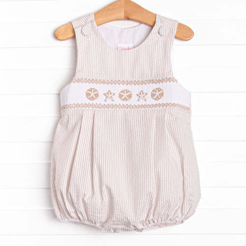 Beach is Better Smocked Boy Bubble, Tan Seersucker – Stitchy Fish