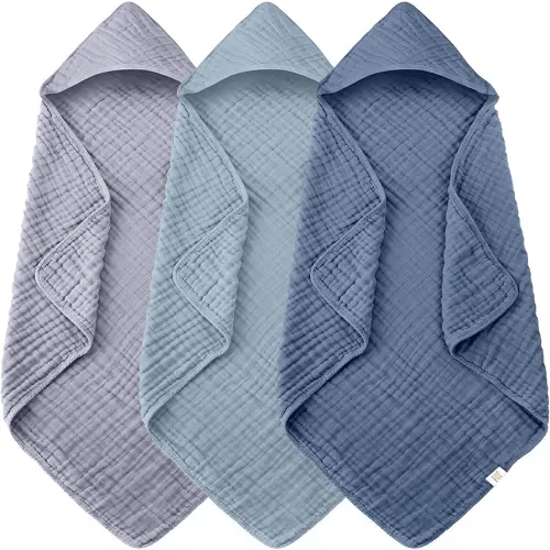 3-Pack Muslin Hooded Baby Towels, 100% Cotton, Ultra-Soft & Absorbent Baby Bath Towels with Hood for Babies, Infant, Toddler and Newbron (Grey and Navy Blue Series,32" x 32")