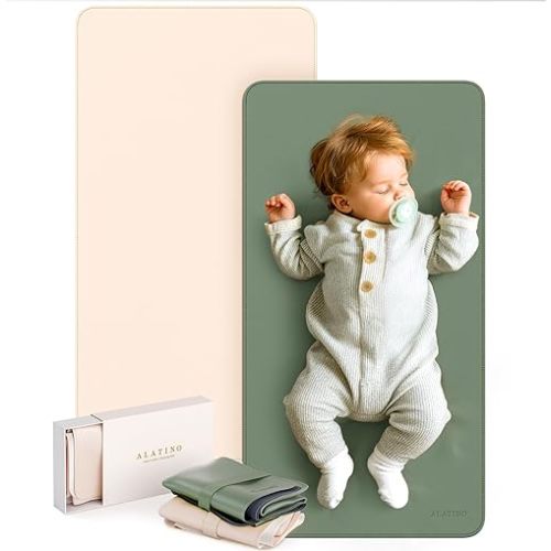 Vegan Leather Portable Changing Pad 2 Pack–Large 30"x17" Waterproof Travel Diaper Mat, Wipe-Clean & Foldable Changing Mat for Babies&Toddlers, Perfect Newborn Baby Shower Gifts (Beige&Dark OliveGreen)