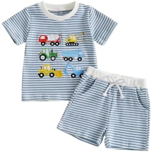 Toddler Baby Boy Summer Clothes Waffle Truck Embroidery Short Sleeve Tops T-Shirt and Shorts Sets Cute 2Pcs Outfits